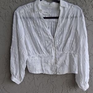 Anthropologie White Ruched Puff Sleeve Blouse